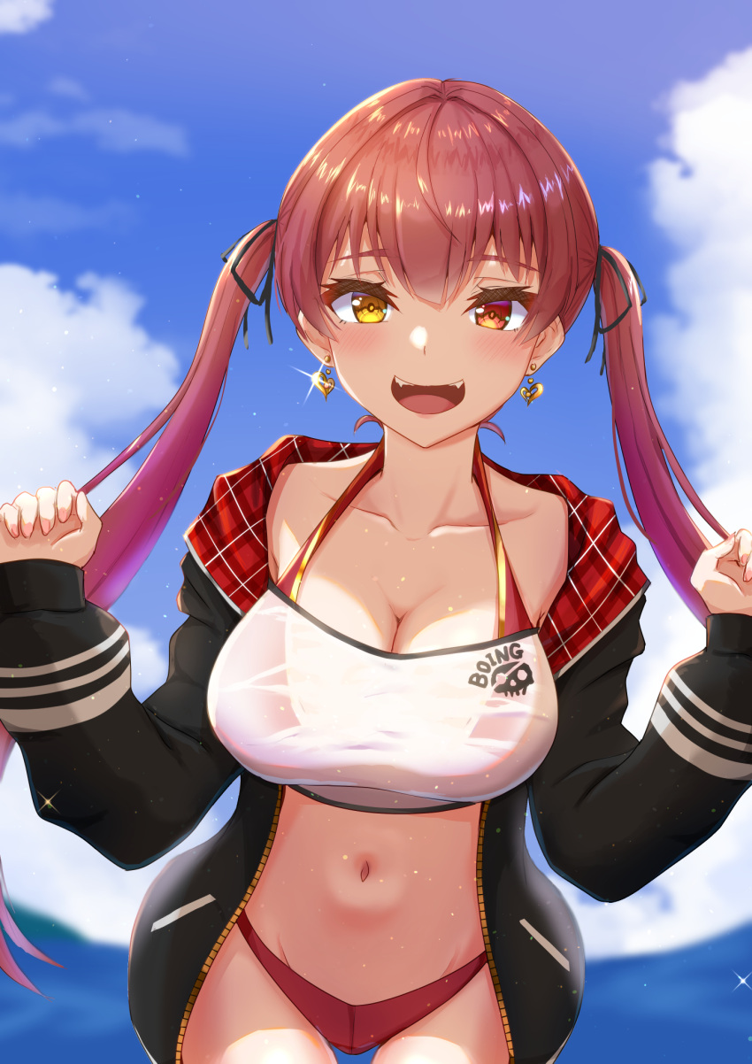 1girl bikini bikini_under_clothes black_jacket blue_sky blush breasts cleavage cloud earrings eyebrows_hidden_by_hair heart heart_earrings heterochromia highres hololive houshou_marine iva23_iva23 jacket jewelry large_breasts long_hair looking_at_viewer multicolored_clothes multicolored_jacket navel open_mouth red_bikini red_eyes red_hair shirt skull_and_crossbones sky swimsuit swimsuit_under_clothes twintails two-tone_bikini two-tone_jacket virtual_youtuber water white_shirt yellow_eyes