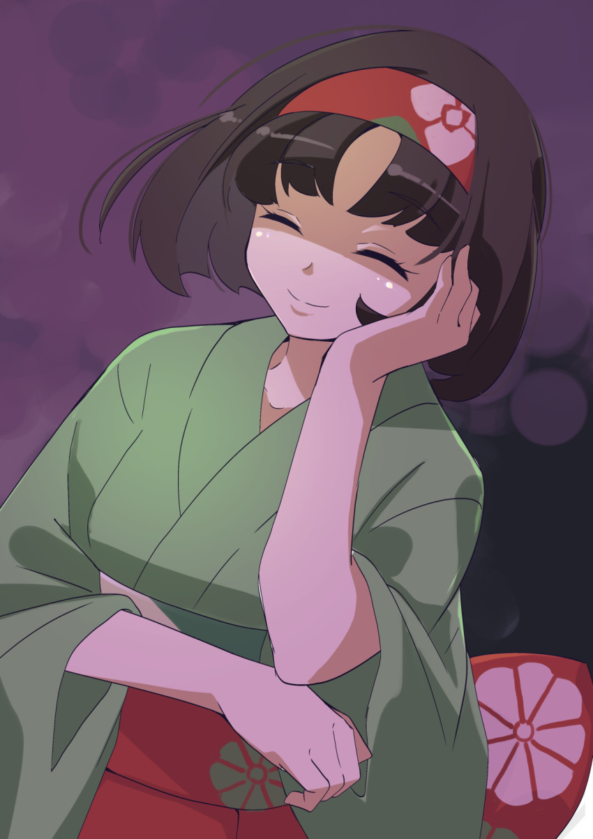 1girl 34_(sanjushi) black_hair closed_mouth erika_(pokemon) hairband headband highres japanese_clothes kimono pokemon pokemon_(game) pokemon_lgpe red_hairband short_hair simple_background smile solo