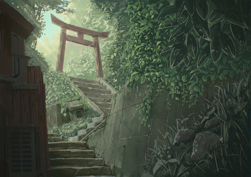 absurdres day forest from_below grass highres kake_(kakelele) light_rays nature no_humans original outdoors plant retaining_wall rock scenery shrine stairs stone_stairs stone_wall sunbeam sunlight torii tree vines wall