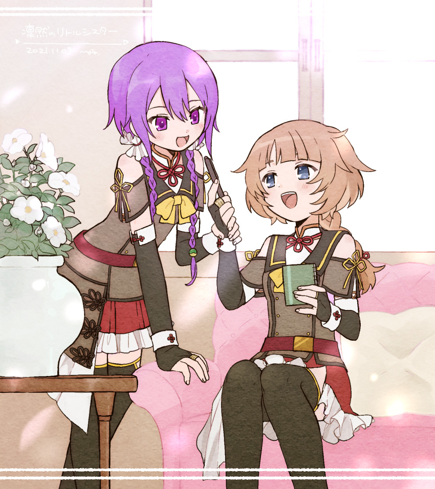 2girls :d arm_support artist_name assault_lily asymmetrical_clothes bangs belt belt_buckle black_gloves black_sailor_collar black_thighhighs blue_eyes blunt_bangs blush bow bowtie braid braided_ponytail bridal_gauntlets brown_jacket buckle clothing_cutout couch cushion dated day elbow_gloves feet_out_of_frame flower flower_knot frilled_skirt frills futagawa_fumi gloves hand_up hands_up highres holding holding_another's_wrist holding_notepad holding_pen indoors jacket jewelry leaning_forward light_particles long_hair looking_at_another looking_at_object low_ponytail low_twin_braids low_twintails miniskirt multiple_girls nagi_(namae11x) notepad on_couch open_mouth pen plant potted_plant purple_eyes purple_hair red_belt red_skirt ribbon ring sailor_collar school_uniform serafuku short_sleeves shoulder_cutout side_slit single_braid sitting skirt smile standing sunlight table teeth thighhighs twin_braids twintails upper_teeth vase wang_lifen white_flower yellow_bow yellow_bowtie yellow_ribbon