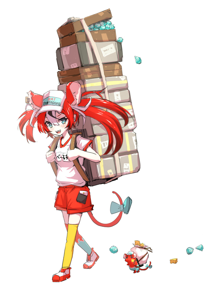 1girl :d animal_ear_fluff animal_ears asymmetrical_legwear backpack bag black_hair bow carrying cheese english_commentary food full_body gem gym_uniform hair_between_eyes hakos_baelz hat highres hololive hololive_english long_hair looking_at_viewer mitsuru_(pixiv_34028718) mouse mouse_ears mouse_girl mouse_tail mr._squeaks_(hakos_baelz) multicolored_hair open_mouth outdoors over-kneehighs pocket red_hair red_shorts sharp_teeth short_sleeves shorts simple_background smile solo streaked_hair tail tail_bow tail_ornament teeth thighhighs upper_teeth virtual_youtuber walking white_background white_hair