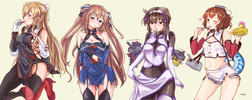 4girls absurdres alternate_costume arm_behind_back ass_visible_through_thighs bare_shoulders blonde_hair blue_gloves blue_thighhighs blush bodysuit breasts brown_hair china_dress chinese_clothes cleavage covered_navel dress from_side frown garter_straps gloves groin_tendon hair_between_eyes hatsuzuki_(kancolle) heart highres johnston_(kancolle) kantai_collection large_breasts long_hair looking_at_viewer medium_breasts multiple_girls murasame_(kancolle) murasame_kai_ni_(kancolle) one_eye_closed red_eyes small_breasts speech_bubble spoken_heart spoken_squiggle squiggle tan_background tan_yang_(kancolle) thighhighs thighs thrux two_side_up wide_hips yukikaze_(kancolle)