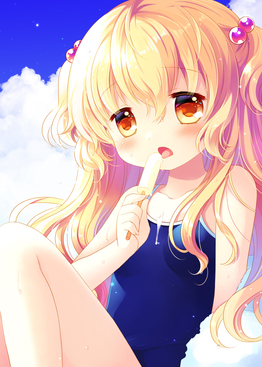 1girl bangs bare_arms bare_shoulders blonde_hair blue_sky blue_swimsuit blush breasts brown_eyes cloud cloudy_sky collarbone day food hair_between_eyes hair_bobbles hair_ornament hand_up highres holding holding_food ice_cream knee_up looking_at_viewer one-piece_swimsuit original outdoors sakurazawa_izumi sitting sky small_breasts solo swimsuit two_side_up