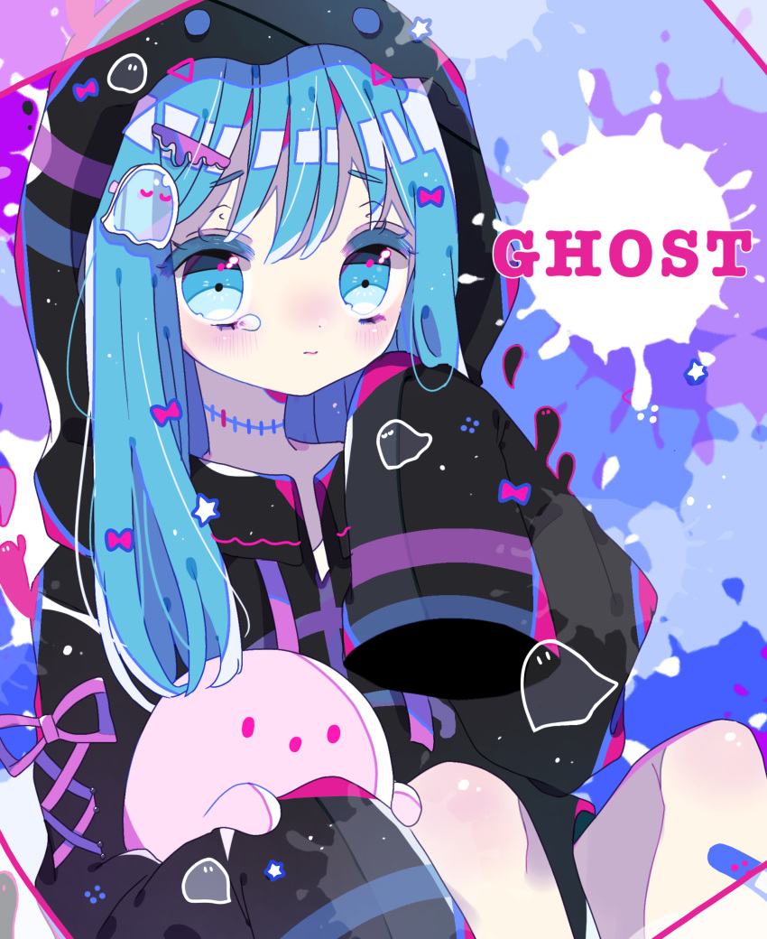 1girl absurdres bandaid bandaid_on_leg bangs blue_eyes blue_hair blush bow cross-laced_sleeves english_text frown ghost ghost_hair_ornament hair_bow hair_ornament hairclip hand_on_own_face highres holding holding_stuffed_toy hood hood_up hoodie knees_up long_hair long_sleeves looking_at_viewer nagihoko original paint_splatter sleeves_past_fingers sleeves_past_wrists solo stitched_neck striped striped_hoodie stuffed_toy tearing_up thick_eyebrows