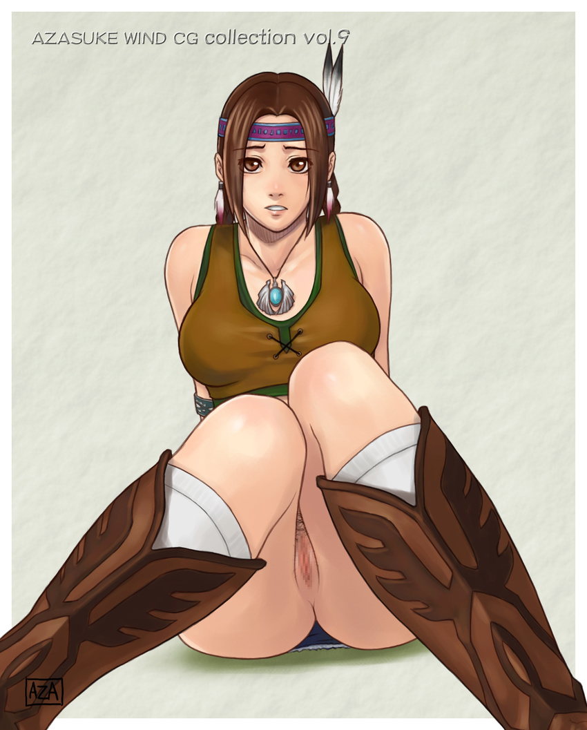 ass azasuke boots brown_eyes brown_hair censored feathers headband headdress highres jewelry julia_chang knees_together_feet_apart looking_at_viewer native_american native_american_headdress necklace no_panties pubic_hair pussy sitting solo tank_top tekken