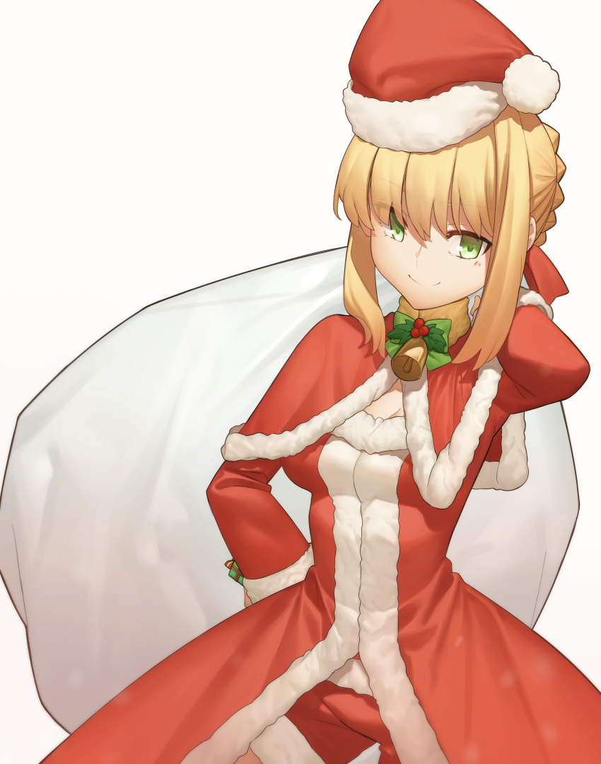 1girl absurdres bell blonde_hair blush braid breasts brooch capelet christmas cleavage dress fate/grand_order fate_(series) green_eyes hair_ribbon hat highres jewelry large_breasts nero_claudius_(fate) red_capelet red_dress ribbon santa_costume santa_hat shiki_zzy smile solo