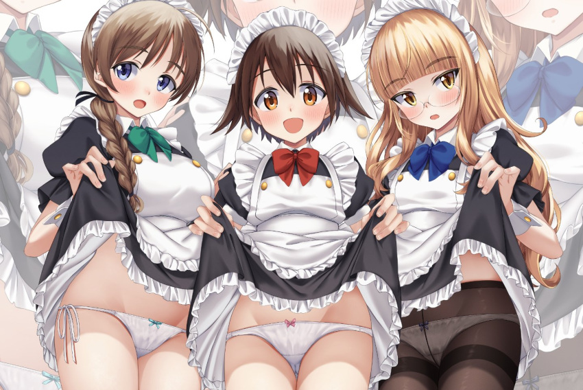 3girls alternate_costume apron black_dress black_pantyhose blonde_hair blue_bow blue_bowtie blue_eyes blunt_bangs bow bowtie braid brown_eyes brown_hair cowboy_shot dress enmaided frilled_apron frills glasses green_bow green_bowtie hair_flaps hair_over_shoulder long_hair lynette_bishop maid maid_headdress miyafuji_yoshika momendoufu multiple_girls panties panties_under_pantyhose pantyhose perrine_h._clostermann red_bow red_bowtie short_hair side-tie_panties single_braid strike_witches thighband_pantyhose underwear white_apron white_panties world_witches_series yellow_eyes zoom_layer