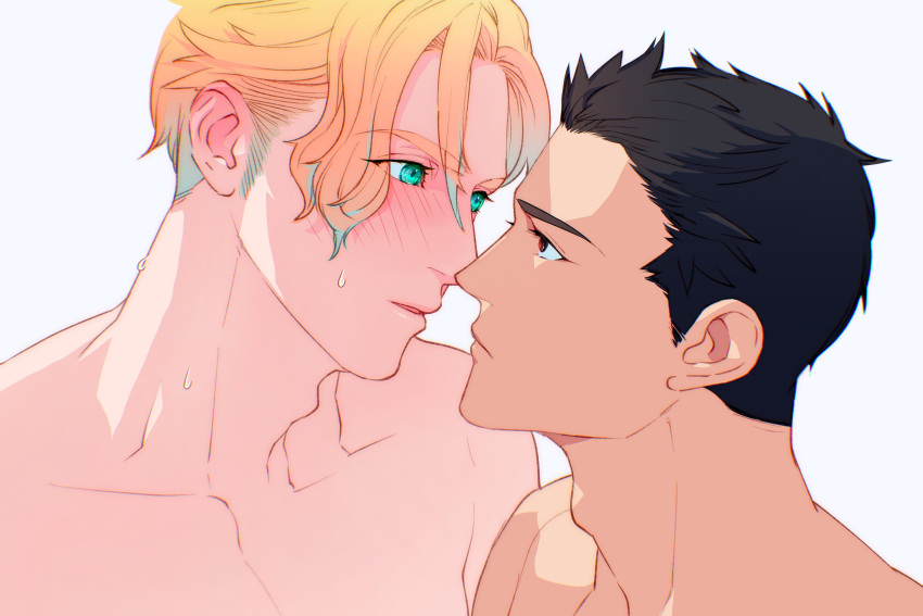 2boys adam's_apple ao_isami black_hair blonde_hair blush couple eye_contact face-to-face facial_hair highres imminent_kiss lewis_smith llld_(2ldk1241) looking_at_another male_focus multiple_boys nude portrait short_hair sideburns_stubble stubble thick_eyebrows toned toned_male yaoi yuuki_bakuhatsu_bang_bravern