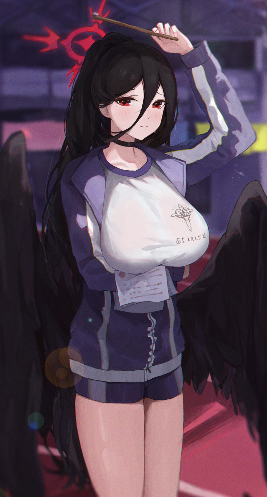 1girl absurdres arm_under_breasts black_choker black_hair black_wings blue_archive blue_jacket blue_shorts breasts choker feathered_wings gym_shirt gym_uniform halo hasumi_(blue_archive) hasumi_(track)_(blue_archive) highres huge_breasts jacket jianjia long_hair long_hair_between_eyes looking_at_viewer mole mole_under_eye official_alternate_costume partially_unzipped ponytail red_eyes shirt shorts solo thighs track_jacket very_long_hair wings