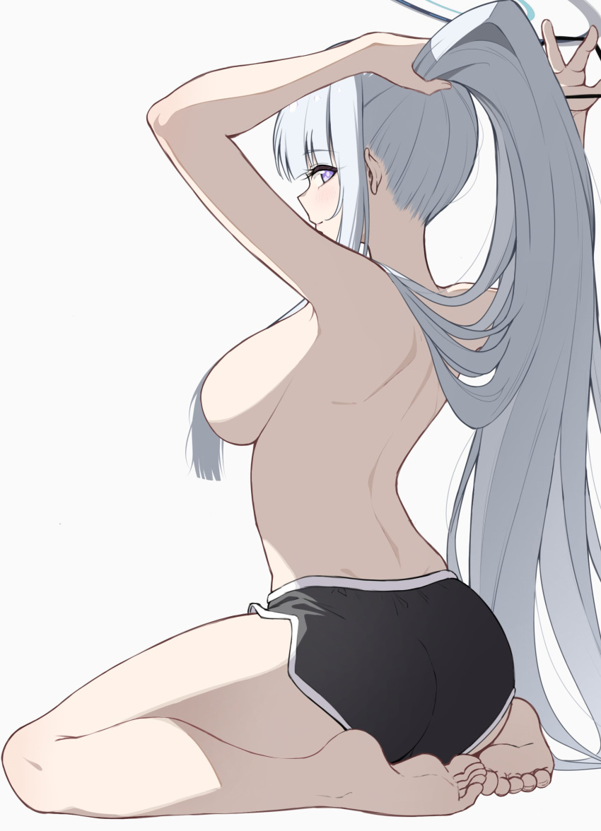 1girl absurdres adjusting_hair arms_up ass barefoot black_shorts blue_archive breasts closed_mouth commentary dolphin_shorts feet full_body grey_background grey_hair halo highres large_breasts long_hair looking_at_viewer mechanical_halo noa_(blue_archive) purple_eyes reia_76 shorts sideboob sideways_glance simple_background smile soles solo symbol-only_commentary toes topless very_long_hair