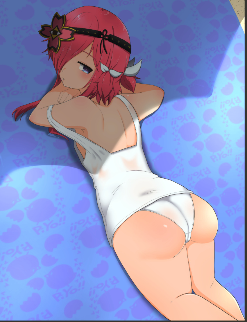 1girl absurdres ass bare_shoulders beach_towel blue_eyes blue_towel blush body_blush cameltoe chinese_knot closed_mouth eyepatch flat_chest hair_ornament hair_over_one_eye highres kazakiri_(senran_kagura) looking_at_viewer looking_back lying median_furrow on_stomach one-piece_swimsuit pink_hair rasetuayano sand school_swimsuit senran_kagura senran_kagura_new_link shade shiny_skin short_hair short_twintails shoulder_blades sidelocks solo swimsuit towel twintails white_one-piece_swimsuit