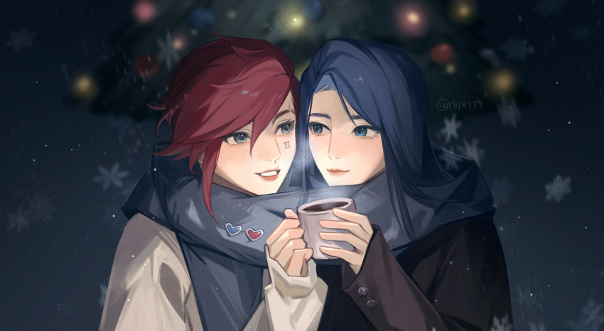 2girls black_coat blue_eyes blue_hair blue_scarf blush caitlyn_(league_of_legends) chinese_commentary christmas christmas_tree closed_mouth coat coffee_mug commentary_request cup facial_tattoo grey_coat grey_eyes heart highres holding holding_cup league_of_legends long_hair looking_at_viewer miix777 mug multiple_girls outdoors parted_lips red_hair red_lips scarf shared_clothes shared_scarf smile snowflakes snowing steam tattoo twitter_username upper_body vi_(league_of_legends) yuri