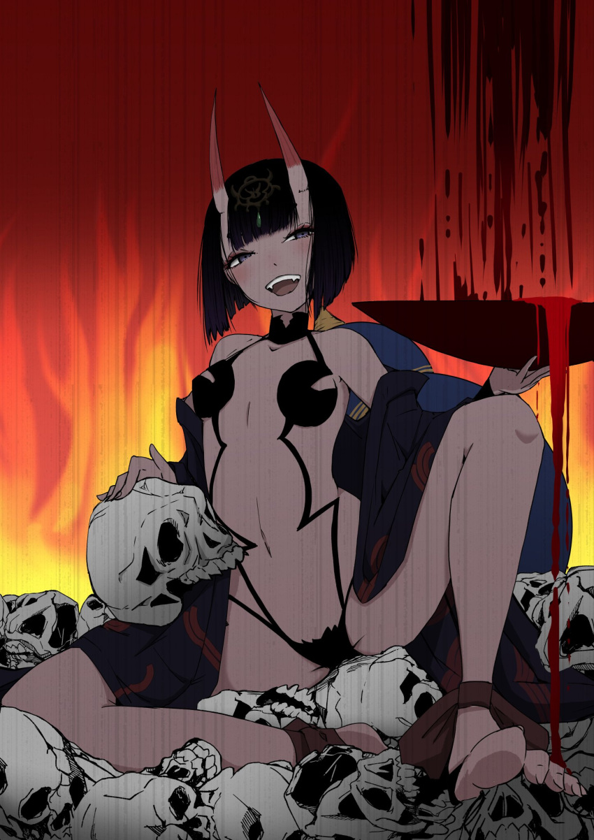1girl ankle_ribbon blood blue_eyes blunt_bangs bob_cut breasts commentary_request cup fangs fate/grand_order fate_(series) feet fire headpiece highres holding holding_cup holding_skull horns japanese_clothes kimono leg_ribbon looking_at_viewer narrowed_eyes navel open_clothes open_kimono open_mouth pile_of_skulls purple_hair purple_kimono raining_blood revealing_clothes ribbon sakazuki short_hair shuten_douji_(fate) skin-covered_horns skull small_breasts smile solo stomach toes ystrann