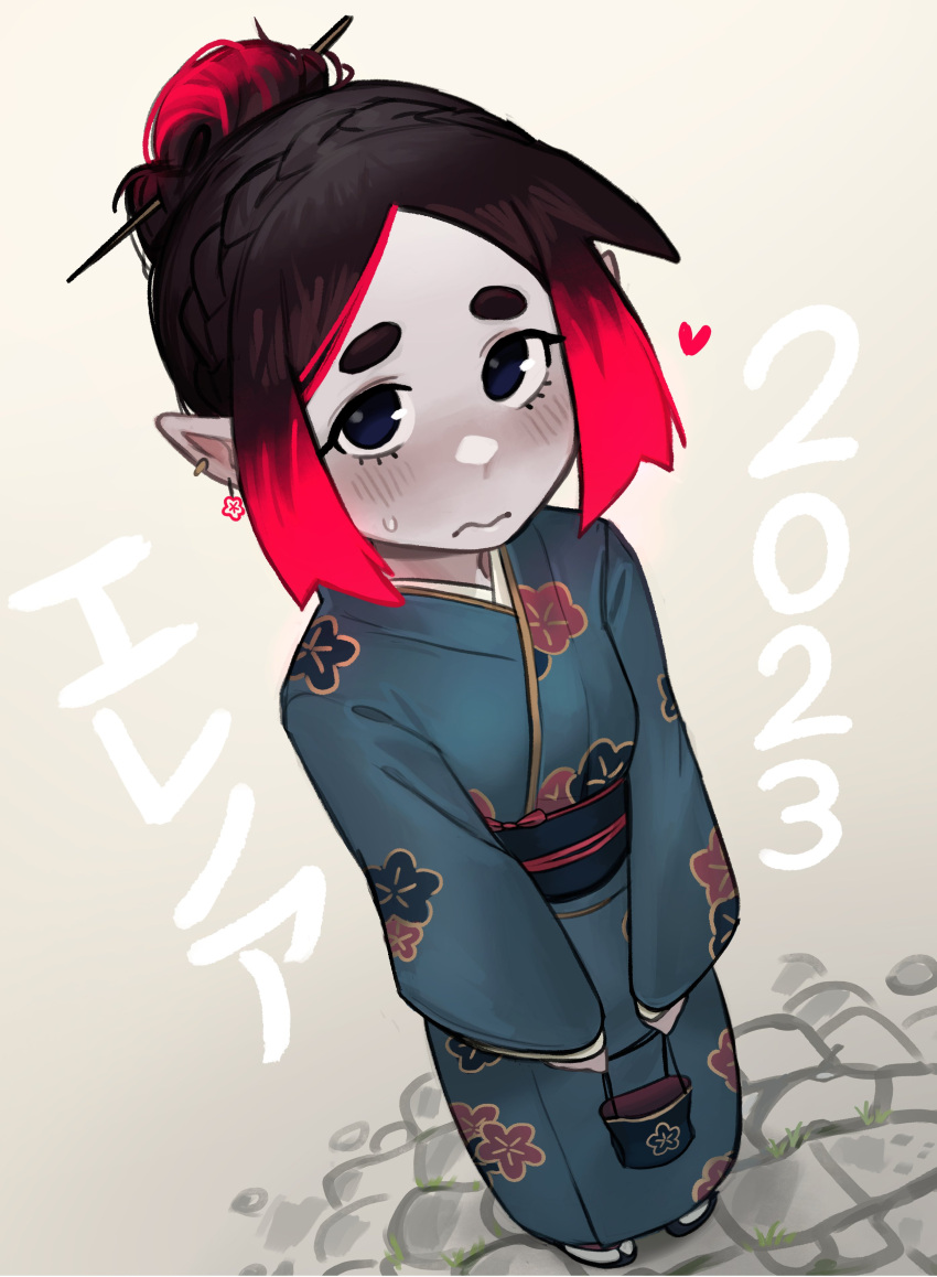 1girl 2023 absurdres bag black_hair blue_kimono blush colored_skin commentary eleanor_(justadrian) floral_print floral_print_kimono hair_bun handbag highres japanese_clothes justadrian_(yoadriandk) kimono looking_up multicolored_hair new_year original pointy_ears red_hair sandals short_hair thick_eyebrows two-tone_hair vampire
