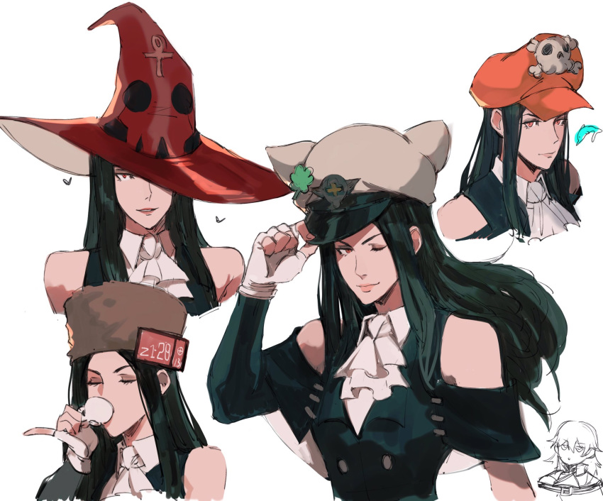 1girl 1other animal_ear_headwear ascot bare_shoulders black_hair black_vest cabbie_hat clover cup fingerless_gloves four-leaf_clover fur_hat gloves guilty_gear guilty_gear_strive hat highres long_hair military_hat ramlethal_valentine skull_and_crossbones teacup testament_(guilty_gear) tirtyturtle ushanka vest white_ascot witch_hat