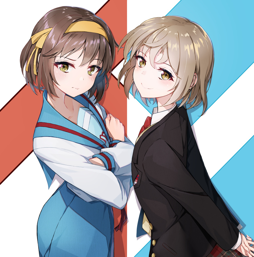 2girls absurdres arms_behind_back black_jacket blazer blue_skirt blush brown_hair collarbone commentary_request crossed_arms hairband highres jacket kita_high_school_uniform looking_at_viewer looking_to_the_side multiple_girls sasaki_(suzumiya_haruhi) school_uniform serafuku shiroyu short_hair skirt smile suzumiya_haruhi suzumiya_haruhi_no_yuuutsu yellow_hairband