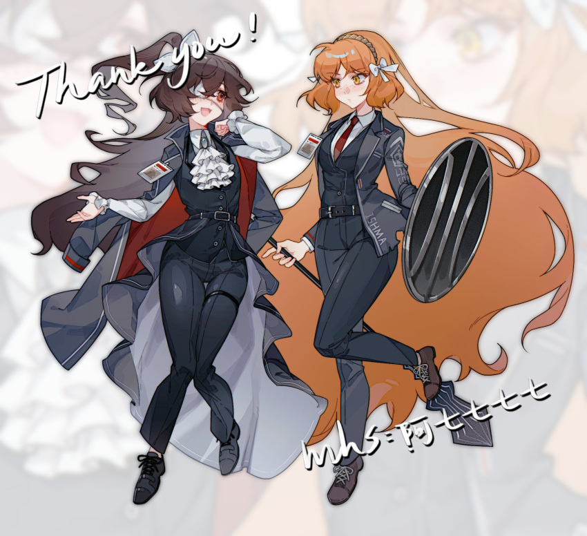 2girls aqiqiqiqi ascot black_coat black_jacket black_pants black_vest bow closed_mouth coat collared_shirt commission full_body hair_bow highres holding holding_mace holding_shield ishmael_(project_moon) jacket limbus_company long_hair looking_to_the_side multiple_girls necktie one_side_up orange_eyes orange_hair original pants project_moon red_necktie shield shirt sidelocks thigh_strap very_long_hair vest white_ascot white_bow white_shirt