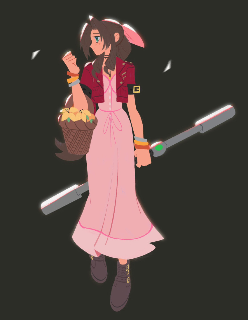 1girl aerith_gainsborough bangle basket boots bracelet braid braided_ponytail brown_footwear brown_hair buttons choker cropped_jacket dress final_fantasy final_fantasy_vii final_fantasy_vii_rebirth final_fantasy_vii_remake flower flower_basket full_body green_eyes grey_background hair_ribbon highres holding holding_basket holding_staff jacket jewelry light_blush lily_(flower) long_dress long_hair looking_to_the_side materia omentu5 parted_bangs pink_dress pink_ribbon red_jacket ribbon ribbon_choker short_sleeves sidelocks single_braid solo staff wavy_hair weapon_behind_back yellow_flower