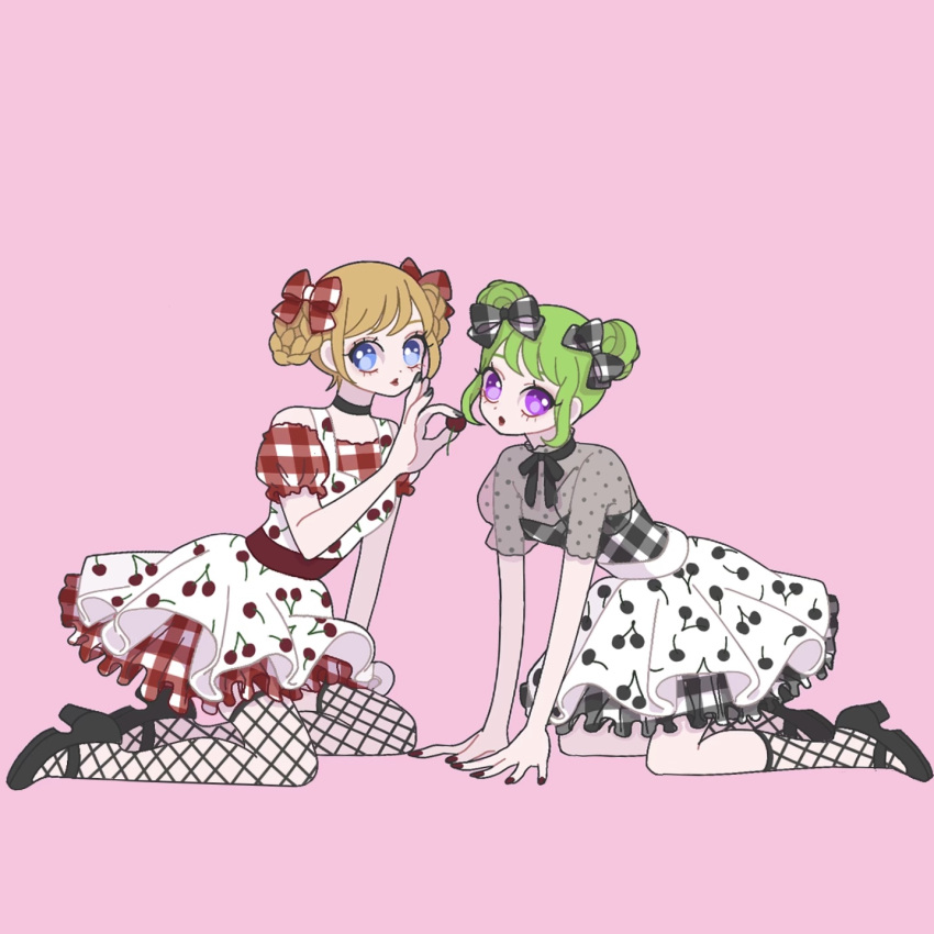 2girls arm_support black_choker black_dress black_footwear blonde_hair blue_eyes bow cherry cherry_print choker commentary double_bun dress english_commentary feeding fishnet_socks fishnet_thighhighs fishnets food food_print fruit fukuhara_ann full_body green_hair hair_bow hair_bun high_heels highres holding holding_food kneeling leaning_forward looking_at_viewer morizono_wakana multiple_girls nyaasechan pink_background pretty_rhythm pretty_rhythm_rainbow_live pretty_series print_dress puffy_short_sleeves puffy_sleeves purple_eyes red_bow red_dress short_hair short_sleeves simple_background socks thighhighs