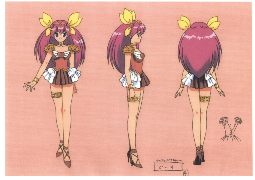 1990s_(style) 1girl absurdres ai_tenshi_densetsu_wedding_peach armor back bad_link blue_eyes bracelet brooch choker facing_viewer full_body hanasaki_momoko headdress heart heart_brooch high_heels highres jewelry long_hair looking_at_viewer magical_girl miniskirt multiple_girls multiple_views official_art pauldrons pink_background pink_hair profile red_footwear reference_sheet retro_artstyle scan shoulder_armor simple_background skirt smile standing thighlet turnaround wedding_peach wing_brooch