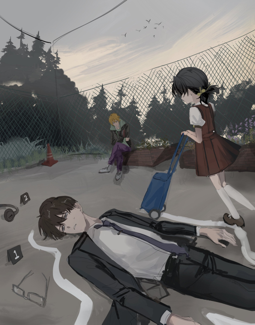 1girl 2boys absurdres bird black_hair black_hoodie black_jacket black_pants blonde_hair blue_necktie brown_footwear brown_hair chain-link_fence chalk_outline crime_scene crossed_legs dress fence glasses gureru_(r_grey1204) hair_bobbles hair_ornament headphones highres hiyama_kiyoteru hood hoodie jacket kaai_yuki kneehighs long_sleeves low_twintails minase_kou multiple_boys necktie on_ground pants pinafore_dress puffy_short_sleeves puffy_sleeves purple_pants red_dress shirt short_hair short_sleeves sitting sleeveless sleeveless_dress socks sweatdrop traffic_cone tree twintails unworn_eyewear unworn_headphones vocaloid voiceroid white_shirt white_socks