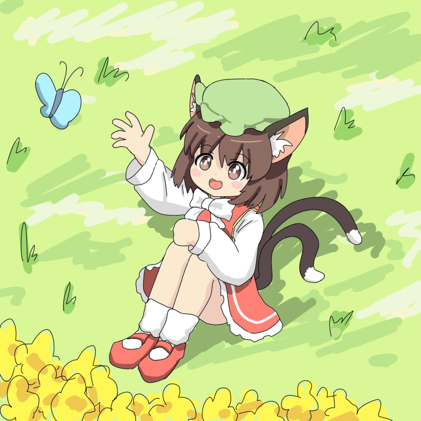 1girl :d animal_ear_fluff animal_ears arm_up blush_stickers bobby_socks bow bowtie brown_eyes brown_hair bug butterfly cat_ears cat_tail chen commentary_request dress flower full_body grass happy hat highres knees_up mary_janes mob_cap nekomata open_mouth outdoors red_dress shoes short_hair sitting smile socks solo tail touhou user_tugs8757 white_bow white_bowtie yellow_flower