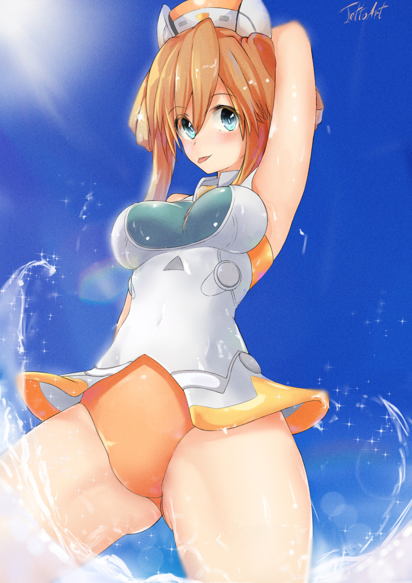 1girl :p armpits arms_behind_head bare_shoulders blue_eyes blue_sky blush breasts breasts_apart covered_navel day dress from_below hair_between_eyes hair_rings hat highres jetkerbal legs_apart leotard long_hair looking_at_viewer looking_down medium_breasts neptune_(series) nurse_cap orange_hair orange_heart_(neptunia) outdoors power_symbol skin_tight sky solo splashing sunlight symbol-shaped_pupils tongue tongue_out twintails wading water wet wet_clothes white_dress white_leotard