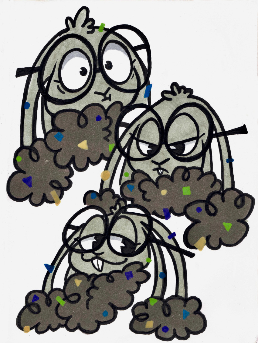 2023 absurd_res annoyed annoyed_expression anthro buckteeth colored confetti dust_bunny ear_tuft expression_sheet eyelashes eyewear female floppy_ears frown fur glasses grey_body grey_fur head_tuft hi_res lagomorph leporid linty_(littlestfuzz) littlestfuzz long_ears lop_ears mammal marker_(artwork) multiple_images pen_(artwork) rabbit ruff simple_background smile smug_face solo surprise surprised_expression teeth toony traditional_media_(artwork) tuft white_background