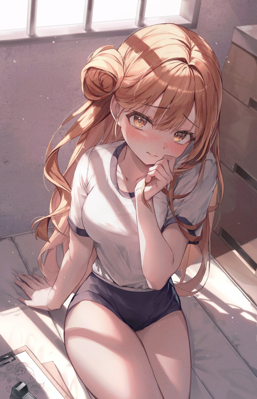 1girl arm_support black_survival blush breasts brown_eyes brown_hair buruma closed_mouth collarbone commentary day eternal_return:_black_survival gym_shirt gyogyog hair_bun highres holding holding_hair indoors long_hair looking_at_viewer medium_breasts shirt shirt_tucked_in short_sleeves single_side_bun sitting solo thighs tia_(black_survival) white_shirt