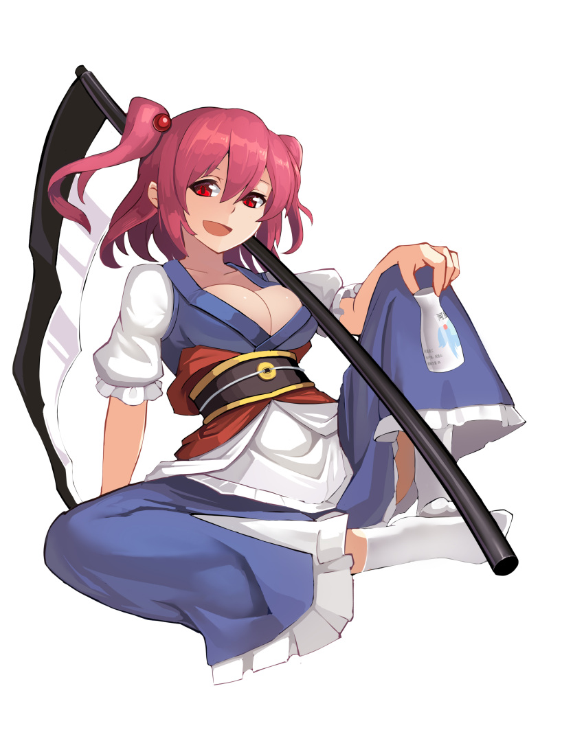 1girl absurdres breasts cleavage coin commentary cup fps_xilou full_body highres holding holding_cup knee_up large_breasts looking_at_viewer obi onozuka_komachi open_mouth red_eyes red_hair sash scythe short_sleeves simple_background smile socks solo touhou two_side_up variant_set white_background white_socks