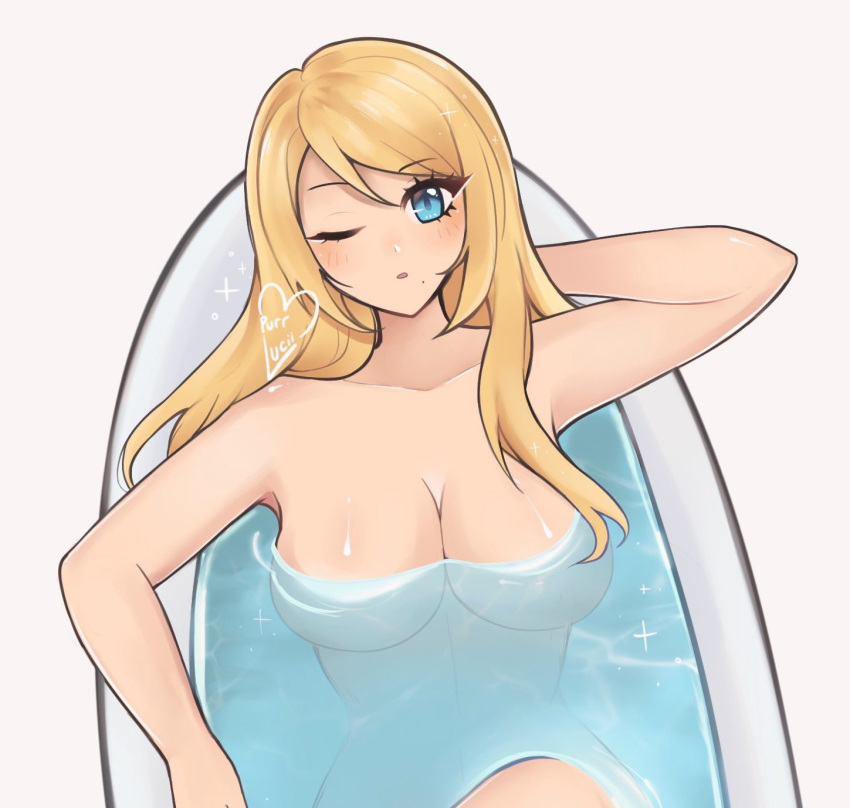 1girl artist_name bathing bathtub blonde_hair blue_eyes blur_censor breasts censored completely_nude highres long_hair medium_breasts metroid nude one_eye_closed parted_lips partially_submerged purrlucii samus_aran solo water white_background