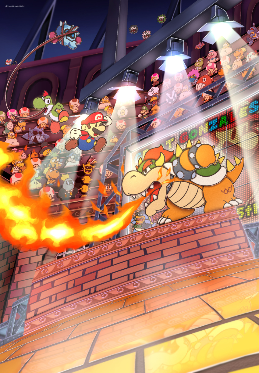 anthro audience battle being_watched blooper bob-omb boo_(mario) bowser breath_powers chain_chomp clothing doogan elemental_creature elemental_manipulation female fire fire_breathing fire_manipulation flora_fauna footwear ghost gloves goomba group hammer_bro handwear hi_res human iron_cleft jolene_(paper_mario) koopa koopa_troopa lakitu long_tongue looking_at_another luigi magikoopa male mammal maribou mario mario_bros nintendo open_mouth paper_mario paper_mario:_the_thousand_year_door piranha_plant plant pokey_(mario) scalie spiny spirit toad_(mario) tongue yoshi