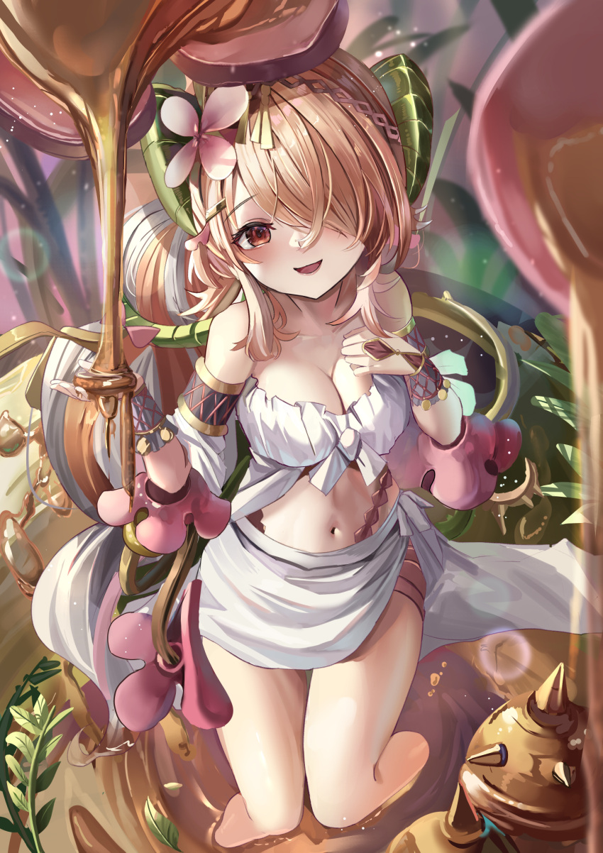 1girl :d bare_shoulders blonde_hair blurry blush breasts cleavage clothing_request collarbone commentary_request demon_girl demon_horns depth_of_field eyelashes flower foot_out_of_frame grey_hair hair_flower hair_ornament hair_over_one_eye hairclip hand_on_own_chest hands_up happy highres horns large_breasts leaf long_bangs long_hair looking_at_viewer multicolored_hair navel one_eye_covered open_mouth pink_flower red_eyes skirt smile soaking_feet solo standing suidou_chaahan thighs traptrix_pinguicula two-tone_hair very_long_hair white_skirt yu-gi-oh!