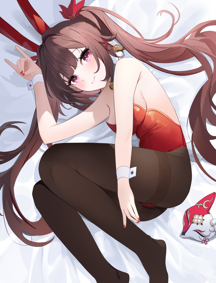 1girl absurdres alternate_costume animal_ears armpit_crease bed_sheet bell black_choker black_pantyhose breasts brown_hair butterfly-shaped_pupils choker commentary fake_animal_ears fox_mask fox_shadow_puppet gompu highres honkai:_star_rail honkai_(series) knees_up leotard looking_at_viewer lying mask medium_breasts nail_polish neck_bell no_shoes on_side open_mouth pantyhose playboy_bunny purple_eyes rabbit_ears red_leotard red_nails sideboob sidelocks smile solo sparkle_(honkai:_star_rail) strapless strapless_leotard symbol-only_commentary symbol-shaped_pupils twintails unworn_mask wrist_cuffs