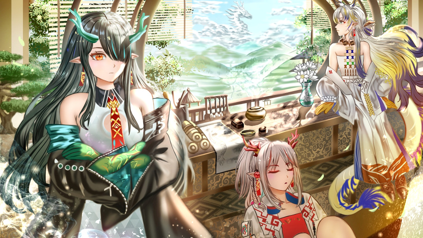 3girls absurdres aqua_hair arknights bare_shoulders beads black_hair blonde_hair bonsai braid closed_eyes closed_mouth colored_extremities crossed_arms dragon dragon_girl dragon_horns dragon_tail dusk_(arknights) eastern_dragon expressionless flower grey_eyes hair_over_one_eye highres horns indoors ishya jewelry long_hair long_sleeves multicolored_hair multiple_girls necklace nian_(arknights) off_shoulder one_eye_covered orange_eyes plant pointy_ears potted_plant profile purple_hair red_hair scroll shu_(arknights) sitting sleeping streaked_hair tail unfinished white_flower white_hair