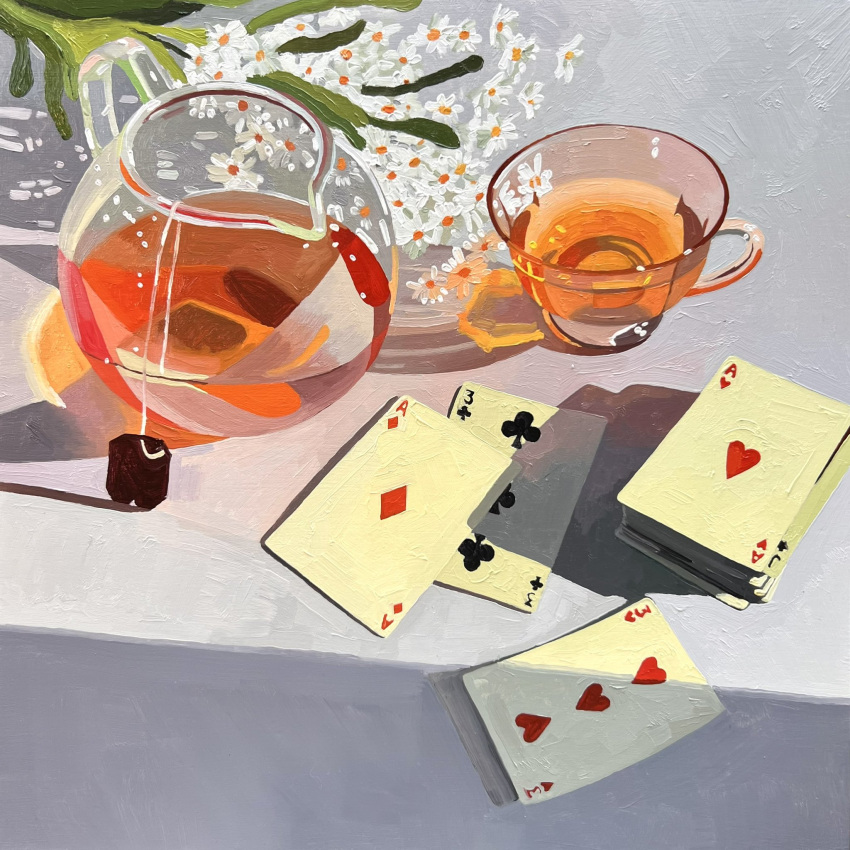 ace_(playing_card) ace_of_hearts card cup flower heart highres leah_gardner no_humans oil_painting_(medium) original painting_(medium) pitcher_(container) playing_card realistic shadow still_life sunlight table tea teabag teacup traditional_media