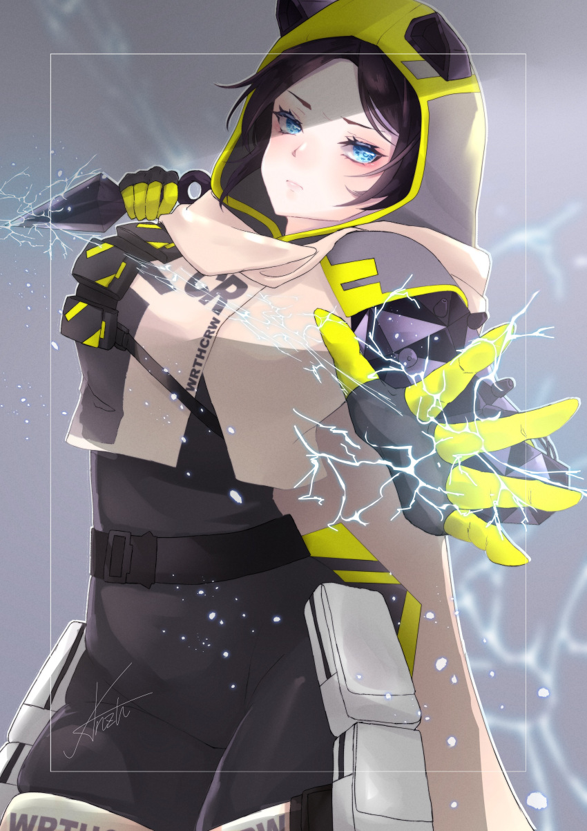 1girl absurdres animal_hood animification anzu_(x_anzu_ill) apex_legends belt black_belt black_bodysuit black_gloves black_hair blue_eyes blush bodysuit border breasts cat_hood cropped_jacket electricity frown gloves grey_background highres holding holding_knife hood hood_up hooded_jacket jacket knife kunai looking_at_viewer medium_breasts official_alternate_costume open_hand outside_border parted_bangs skirt solo void_prowler_wraith weapon white_border white_jacket white_skirt wraith's_kunai wraith_(apex_legends)