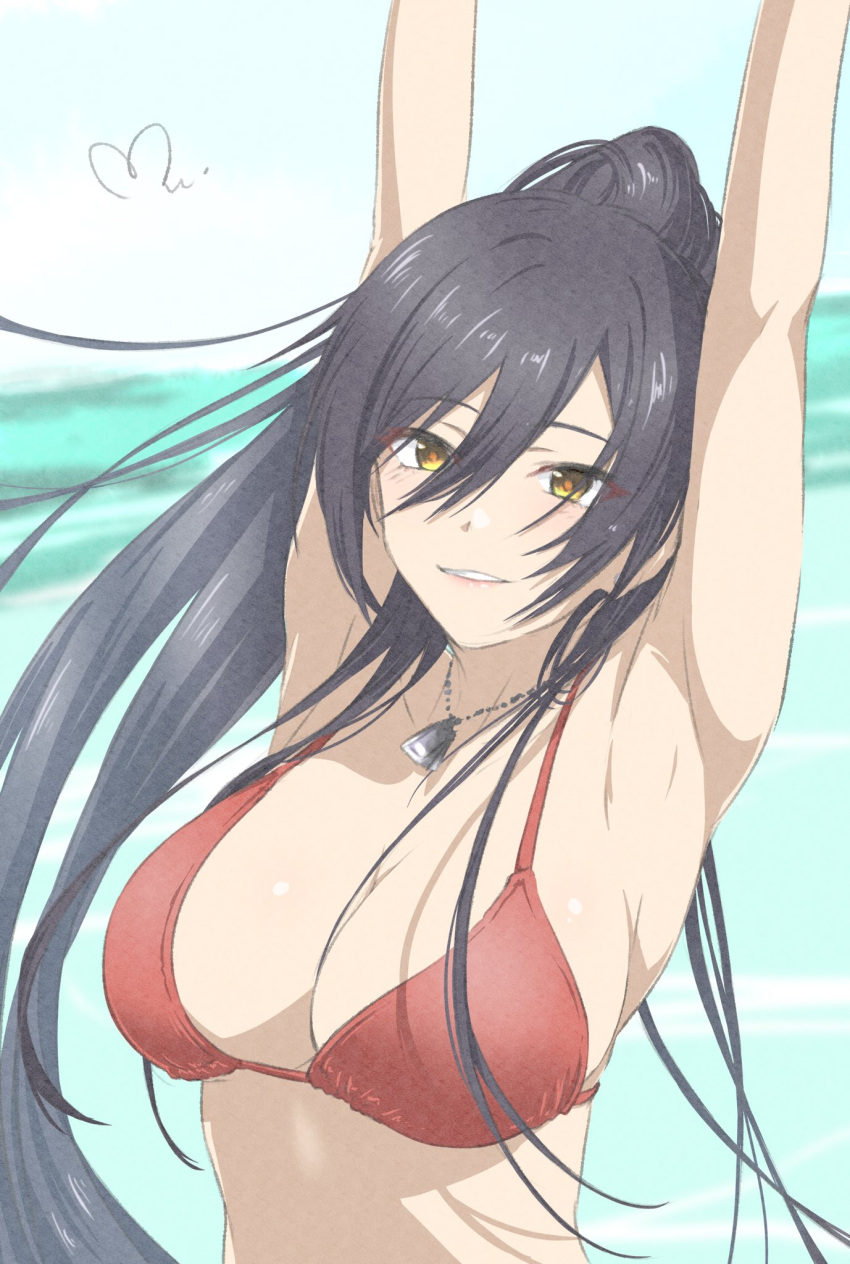 1girl armpits arms_up bare_shoulders bikini black_hair blurry blurry_background blush breasts cleavage collarbone dot_nose floating_hair hair_between_eyes high_ponytail highres idolmaster idolmaster_shiny_colors jewelry large_breasts long_hair looking_at_viewer mitsugu necklace parted_lips ponytail red_bikini shirase_sakuya sign smile solo swimsuit two-tone_background upper_body yellow_eyes