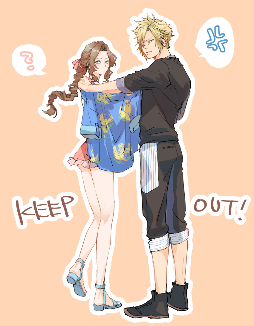 1boy 1girl ? absurdres aerith_gainsborough aerith_gainsborough_(pink_mermaid) anger_vein animal_print bikini bird_print black_footwear black_male_swimwear black_shirt blonde_hair blue_eyes blue_footwear blue_shirt braid braided_ponytail brown_hair chocobo cloud_strife cloud_strife_(ocean_chocobo) demi_co earrings english_text final_fantasy final_fantasy_vii final_fantasy_vii_rebirth final_fantasy_vii_remake frilled_bikini frills full_body furrowed_brow green_eyes hair_ribbon hawaiian_shirt hetero highres holding holding_clothes holding_shirt jealous jewelry light_blush long_hair looking_at_viewer male_swimwear official_alternate_costume orange_background outline parted_bangs pink_bikini pink_ribbon ribbon sandals shirt short_hair sidelocks single_braid single_earring sleeves_rolled_up spiked_hair spoken_anger_vein spoken_question_mark swept_bangs swimsuit wavy_hair white_outline