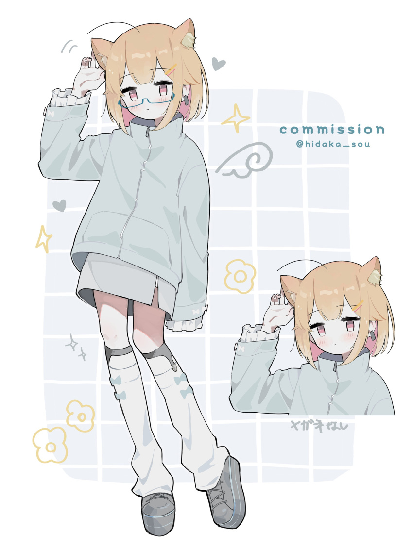 1girl absurdres ahoge animal_ear_fluff animal_ears blonde_hair blush cat_ears cat_girl commission drawn_wings earrings flower full_body glasses grey_footwear grey_jacket grey_skirt hair_ornament hairclip hand_up highres jacket jewelry kneehighs legwear_garter long_sleeves looking_at_viewer multiple_views myomuron original semi-rimless_eyewear shoes short_hair skeb_commission skirt socks sparkle twitter_username under-rim_eyewear variations white_socks zipper zipper_pull_tab