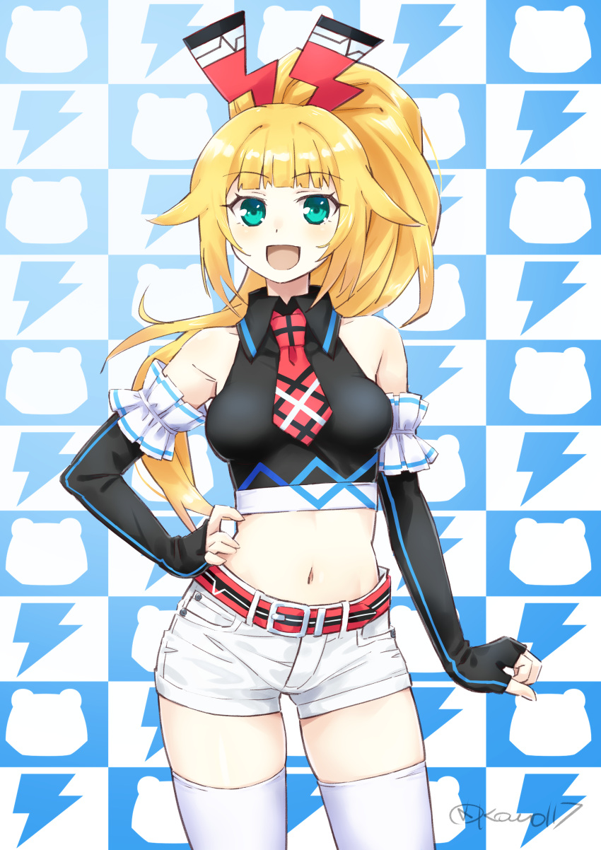 1girl :d absurdres arm_behind_back bare_shoulders belt black_gloves black_shirt blonde_hair breasts checkered_background clenched_hand collared_shirt commentary_request commission cowboy_shot crop_top dengekiko elbow_gloves fingerless_gloves gloves green_eyes hair_ornament hand_on_own_hip happy highres hip_focus kow_(kow0117) legs_apart long_hair medium_breasts midriff navel necktie neptune_(series) pixiv_commission ponytail red_belt red_necktie shirt short_shorts shorts sleeveless sleeveless_shirt smile sofmap_background solo step_and_repeat striped_belt thighhighs thighs very_long_hair white_shorts
