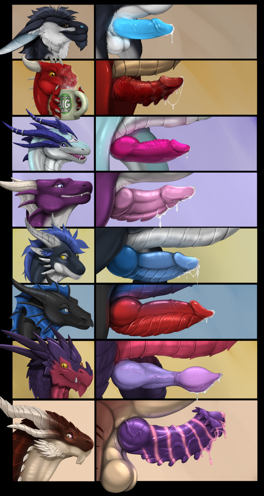 absurd_res balls bodily_fluids claws digital_drawing_(artwork) digital_media_(artwork) dragon erection feral finger_claws fur genital_fluids genitals glans hair hi_res ishiru knot male mug mythological_creature mythological_scalie mythology penis penis_lineup precum scalie teeth