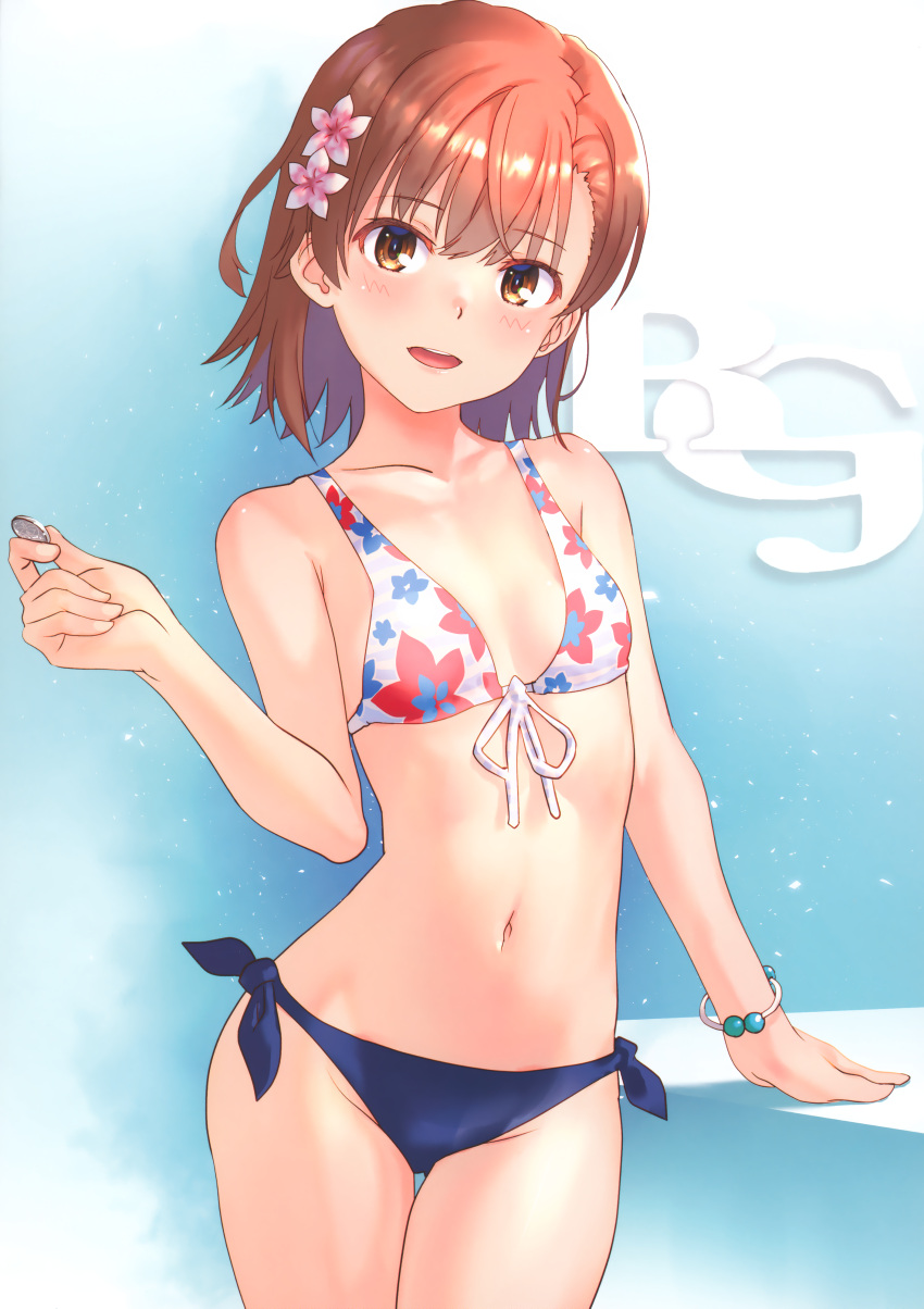 1girl absurdres bikini blue_bikini bracelet breasts brown_eyes brown_hair coin collarbone floral_print flower front-tie_bikini_top front-tie_top groin hair_flower hair_ornament hand_up highres holding holding_coin jewelry looking_at_viewer medium_hair misaka_mikoto navel non-web_source official_alternate_costume open_mouth print_bikini raika9 side-tie_bikini_bottom simple_background small_breasts smile solo swimsuit thigh_gap thighs toaru_kagaku_no_railgun toaru_majutsu_no_index toaru_majutsu_no_index:_imaginary_fest twitter_username two-tone_bikini white_bikini