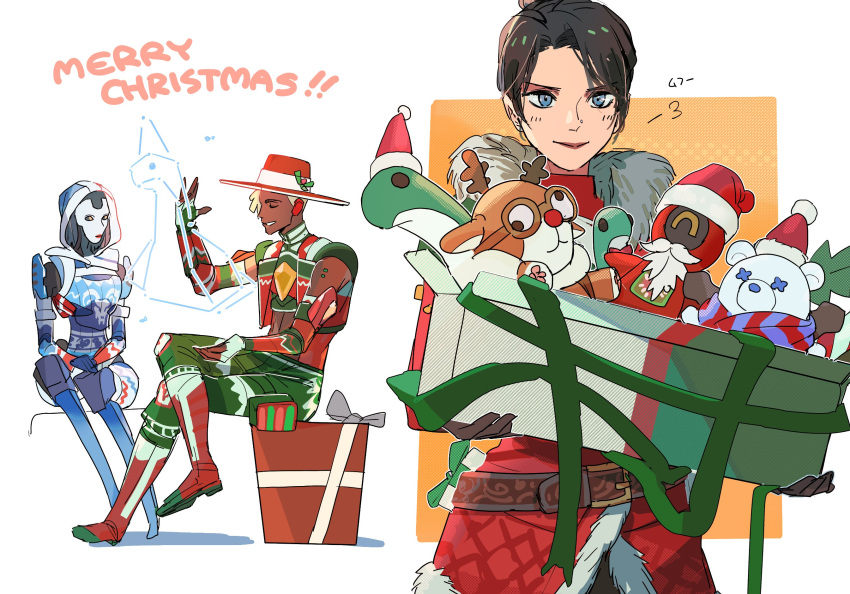 1boy 2girls android animification apex_legends ash_(titanfall_2) black_hair black_sclera boots box brudda_bear_gibraltar character_doll christmas colored_sclera cropped_jacket dark-skinned_male dark_skin dasher_octane detached_sleeves festive_presence_wraith fingerless_gloves fur-trimmed_jacket fur_trim gibraltar_(apex_legends) gift gloves green_gloves green_pants hat highres holding holding_box hood hood_up jacket joyfinder_pathfinder merry_christmas multiple_girls octane_(apex_legends) pants pathfinder_(apex_legends) red_footwear red_hat red_jacket santa_hat seer_(apex_legends) simulacrum_(titanfall) sleeveless sleeveless_jacket smile thundergotch wraith_(apex_legends)