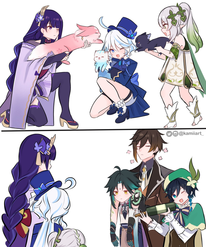 3boys 3girls artist_name black_hair blue_eyes bottle bow bowtie braid carrying carrying_person cat closed_eyes closed_mouth elf fox furina_(genshin_impact) genshin_impact green_eyes green_hair highres instagram_logo instagram_username japanese_clothes kamiiart kimono long_braid long_hair looking_at_viewer mole mole_under_eye multicolored_hair multiple_boys multiple_girls nahida_(genshin_impact) necktie neuvillette_(genshin_impact) one_eye_closed open_mouth pointy_ears ponytail purple_eyes purple_hair purple_kimono raiden_shogun scaramouche_(cat)_(genshin_impact) scaramouche_(genshin_impact) short_hair side_ponytail thigh_strap toeless_footwear twitter_logo twitter_username venti_(genshin_impact) very_long_hair white_hair wine_bottle xiao_(genshin_impact) yae_miko yae_miko_(fox) yellow_eyes zhongli_(genshin_impact)