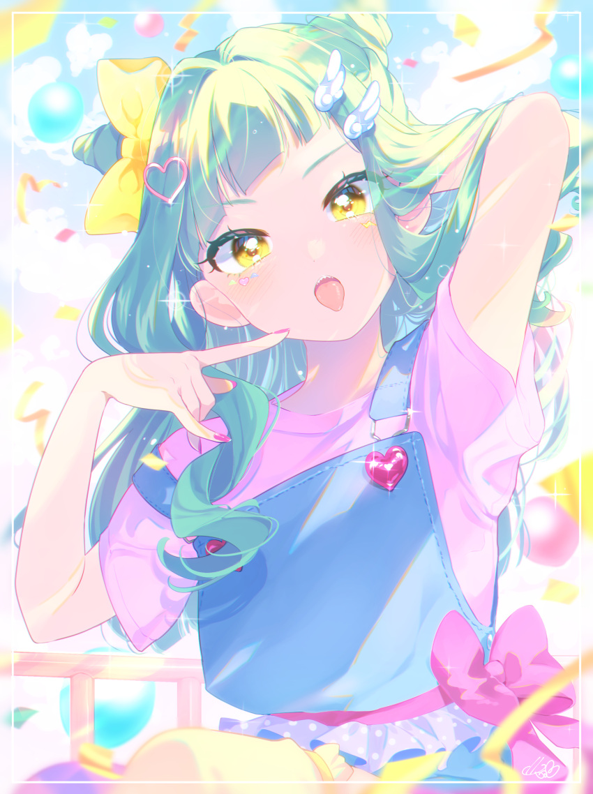 1girl \m/ absurdres arm_up commentary_request cone_hair_bun diagonal_bangs green_hair hair_bun hair_ornament head_tilt heart heart_hair_ornament highres jamu kouibuchi_karen long_hair looking_at_viewer pink_nails pink_shirt sharp_teeth shirt short_sleeves solo teeth tokyo_7th_sisters tongue tongue_out upper_body wing_hair_ornament yellow_eyes