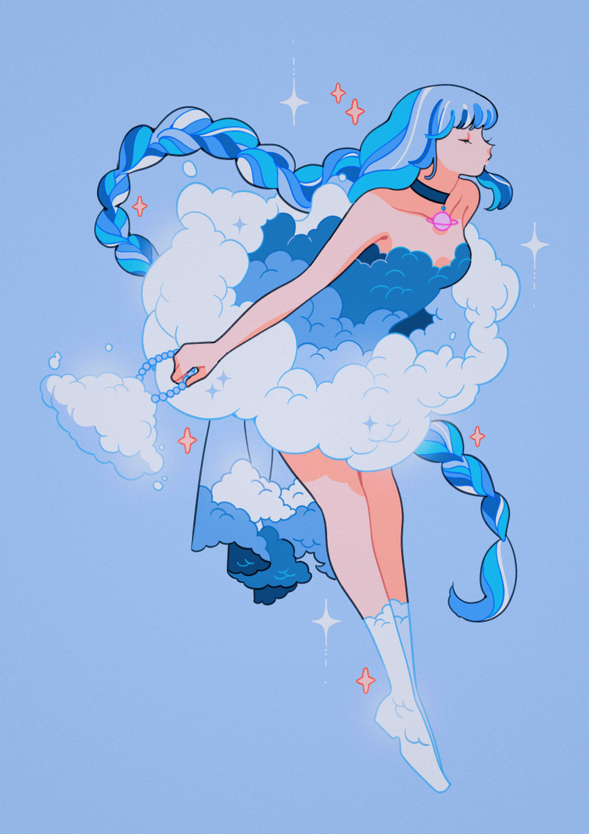 1girl absurdres bag blue_background blue_clouds blue_hair blue_theme boots braid choker closed_eyes cloud cloud_print dress handbag highres holding holding_bag meyoco planet simple_background single_braid sparkle white_footwear