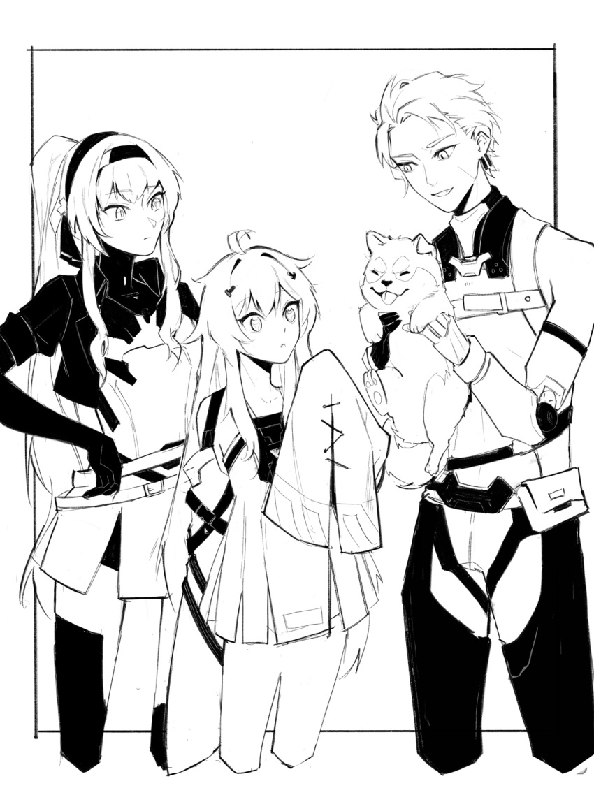 18_kawaki 1boy 2girls ahoge animal bare_shoulders belt bodysuit detached_sleeves dog flat_chest hair_intakes hair_ribbon hairband highres holding holding_animal holding_dog long_hair mechanical_arms monochrome multiple_girls no.21:_xxi_(punishing:_gray_raven) no.21_(punishing:_gray_raven) noctis_(punishing:_gray_raven) ponytail punishing:_gray_raven puppy ribbon scar scar_on_cheek scar_on_face short_hair sidelocks sleeves_past_fingers sleeves_past_wrists suspenders tongue tongue_out unkempt vera:_garnet_(punishing:_gray_raven) vera_(punishing:_gray_raven) very_long_hair