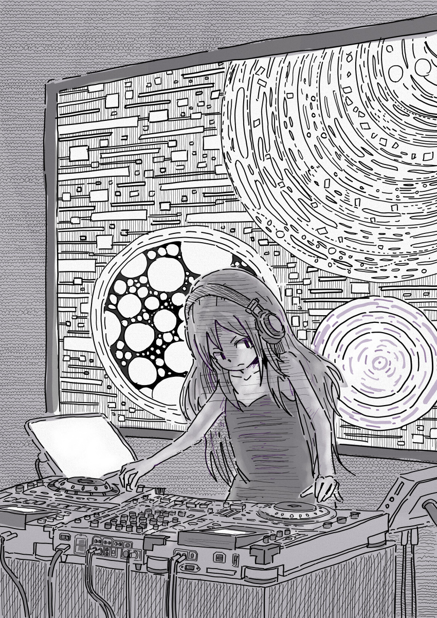 1girl absurdres camisole collarbone dj greyscale headset heronnheronn highres long_hair looking_to_the_side monitor monochrome original sketch solo standing table wire