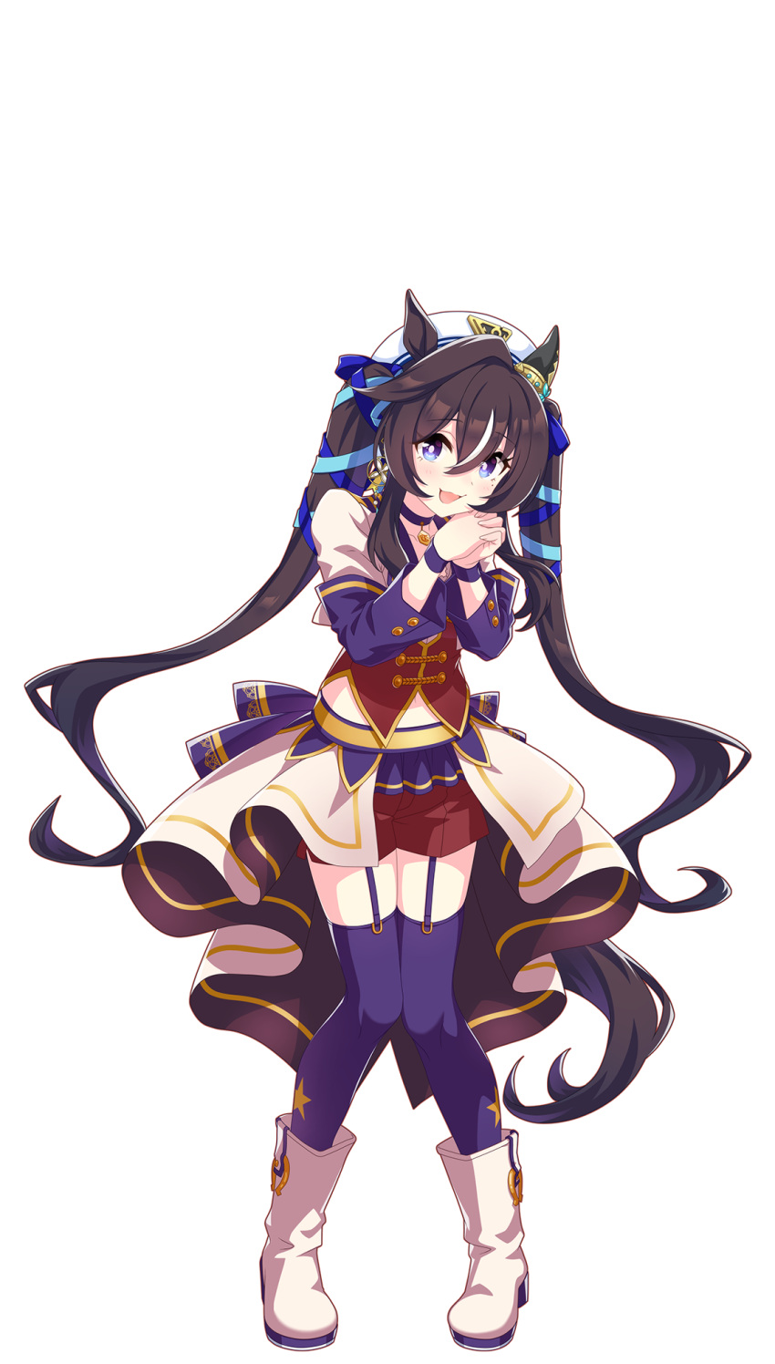 1girl alternate_costume animal_ears begging beret black_hair blush breasts earrings full_body hair_ornament hat highres horse_ears horse_girl jewelry long_hair looking_at_viewer medium_breasts mole mole_under_eye official_art open_mouth own_hands_together purple_eyes solo standing starting_future_(umamusume) thighhighs transparent_background twintails umamusume vivlos_(umamusume)